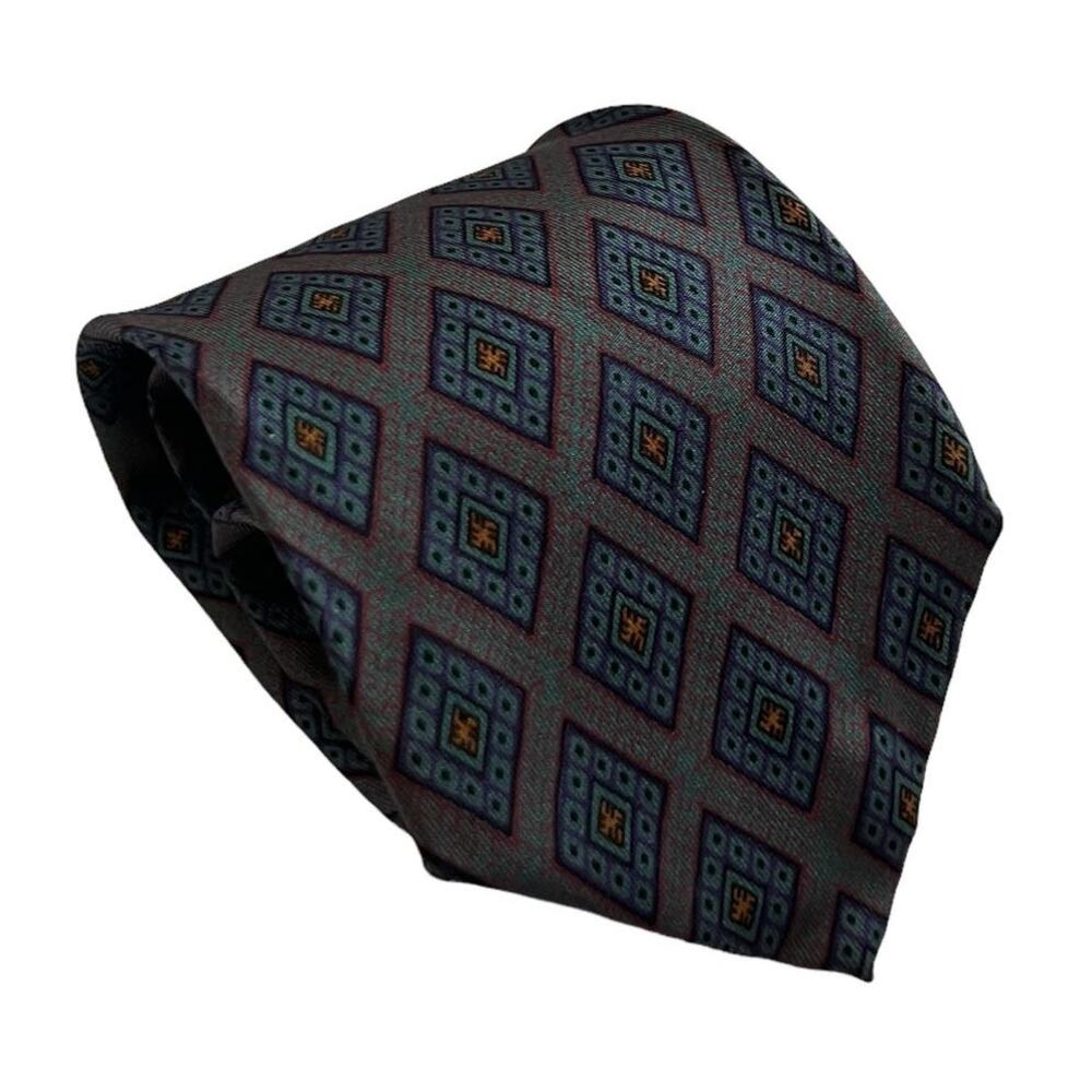 Robert Talbott Gray Burgundy Red Blue Yellow Geometric Diamond Silk Tie